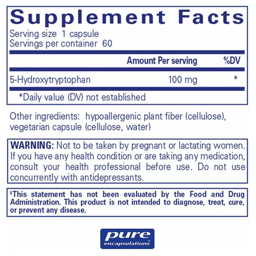 Диетическая добавка Pure Encapsulations 5-HTP (5-гидрокситриптофан), 100 мг, 60 капсул: цены и характеристики