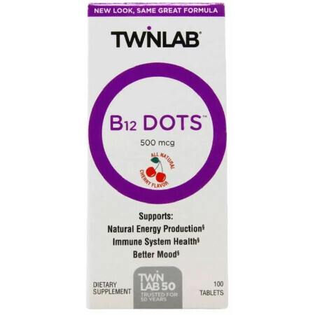 Витамин В12, B-12 Dots, Twinlab, вкус вишни, 500 мкг, 100 таблеток