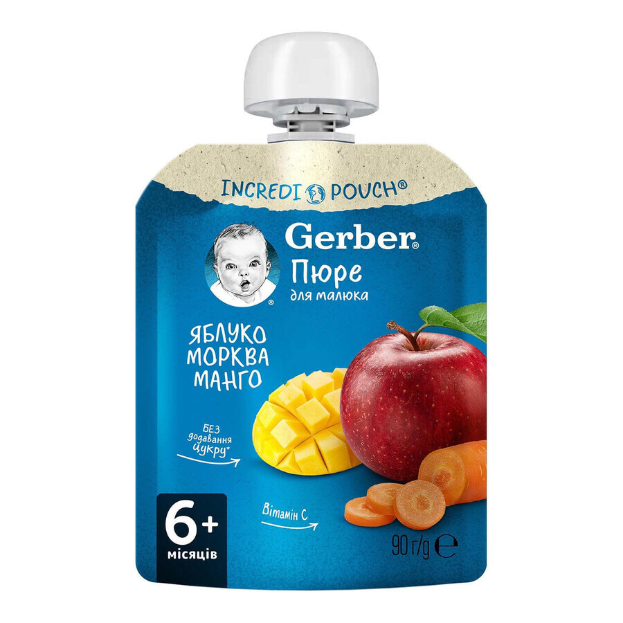 Пюре фруктово-овощное детское Nestle Gerber Яблоко, морковка и манго с 6-ти месяцев мягкая упаковка 90 г : цены и характеристики