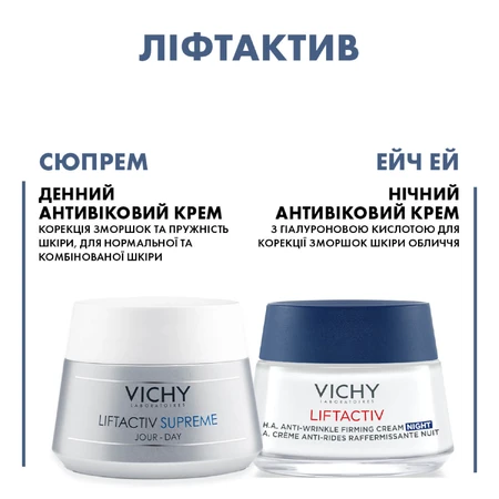 Набір Vichy Лифтактив Сюпрем 2024 засіб для обличчя проти зморшок 50 мл + крем для обличчя з гіалуроновою кислотою 50 мл : ціни та характеристики