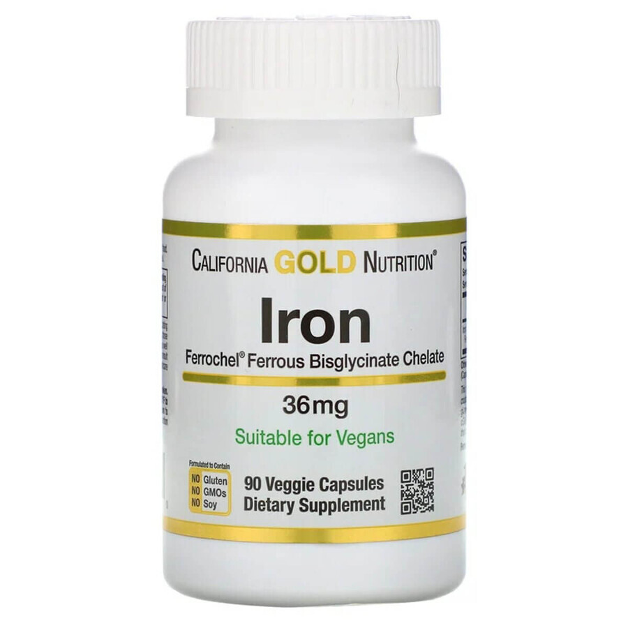 Залізо Бісгліцінат, Ferrochel Iron (Bisglycinate), California Gold Nutrition, 36 мг, 90 рослинних капсул: ціни та характеристики