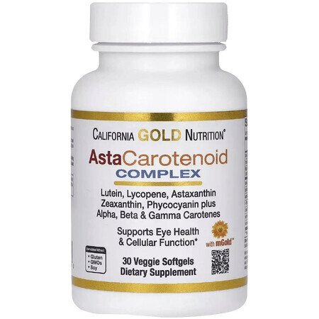 Комплекс астакаротиноидов, лютеин, ликопин, астаксантин, AstaCarotenoid Complex, Lutein, Lycopene, and Astaxanthin Complex, California Gold Nutrition, 30 вегетарианских капсул