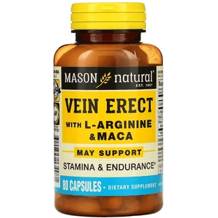 Підтримка Чоловічої Сили з L-аргініном та макою, Vein Erect with L-Arginine & Maca, Mason Natural, 80 капсул