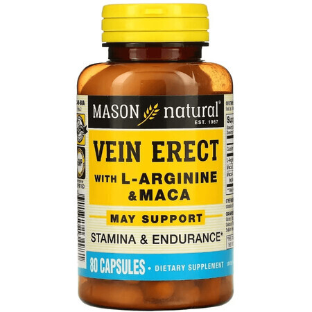 Підтримка Чоловічої Сили з L-аргініном та макою, Vein Erect with L-Arginine & Maca, Mason Natural, 80 капсул