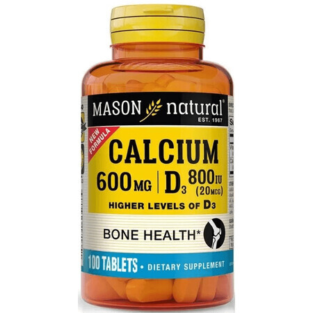Кальций 600 мг и Витамин D3 800 МЕ, Calcium 600 mg with Vitamin D3 800 IU, Mason Natural, 100 таблеток