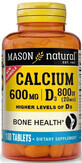 Кальций 600 мг и Витамин D3 800 МЕ, Calcium 600 mg with Vitamin D3 800 IU, Mason Natural, 100 таблеток