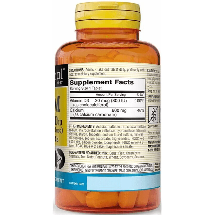 Кальций 600 мг и Витамин D3 800 МЕ, Calcium 600 mg with Vitamin D3 800 IU, Mason Natural, 100 таблеток: цены и характеристики