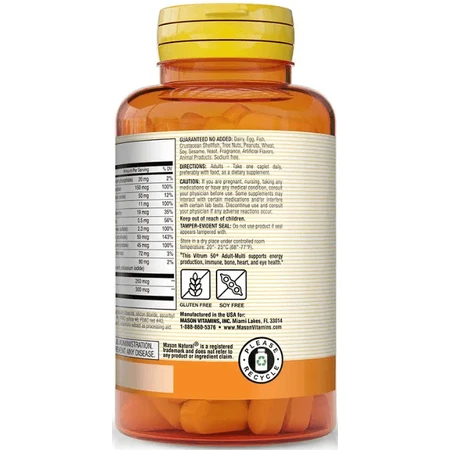 Мультивітаміни 50+ без заліза, Vitrum 50+ Adult-Multi Iron Free, Mason Natural, 100 каплет: ціни та характеристики
