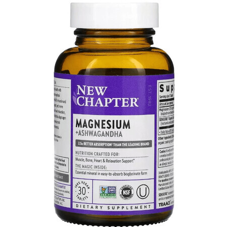 Магний и Ашваганда, Magnesium + Ashwagandha, New Chapter, 30 вегетерианских капсул