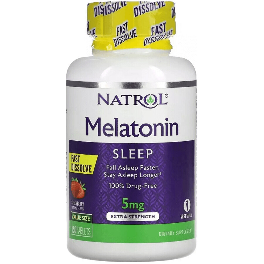 Мелатонін швидкорозчинний підвищеної сили, 5 мг, смак полуниці, Melatonin, Fast Dissolve, Extra Strength, Natrol, 150 таблеток: ціни та характеристики