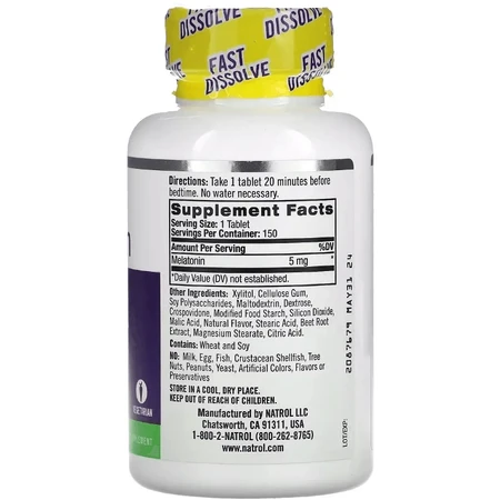 Мелатонин быстрорастворимый повышенной силы, 5 мг, вкус клубники, Melatonin, Fast Dissolve, Extra Strength, Natrol, 150 таблеток: цены и характеристики