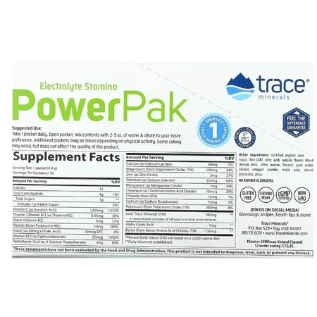 Электролиты, вкус лимон-лайм, Electrolyte Stamina PowerPak, Trace Minerals, 30 пакетов: цены и характеристики