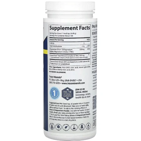 Магний, вкус лимон-лайм, 350 мг, Stress-X, Magnesium Powder, Trace Minerals, 448 гр: цены и характеристики