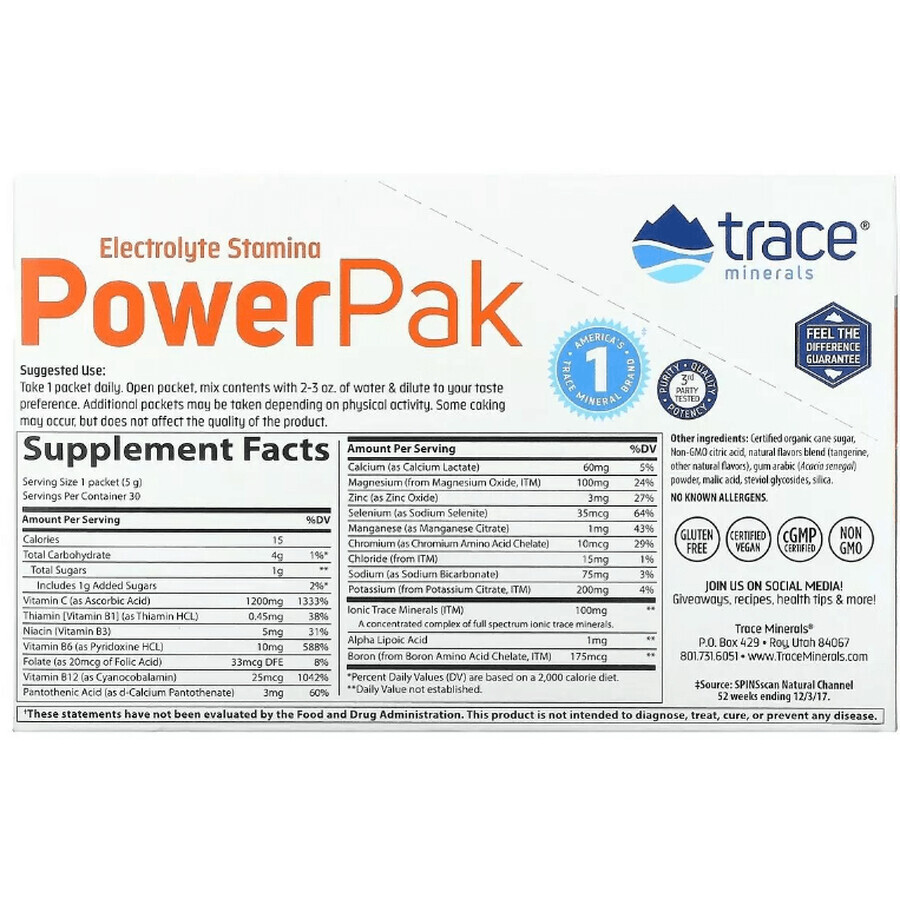 Электролиты, вкус мандарина, Electrolyte Stamina PowerPak, Trace Minerals, 30 пакетов: цены и характеристики