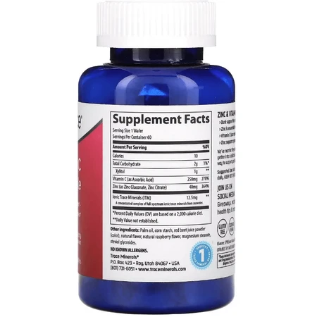 Поддержка иммунитета с цинком и витамином С, вкус малины, Zinc+Vitamin C, Trace Minerals, 60 жевательных таблеток: цены и характеристики
