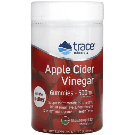 Яблочный уксус, 500 мг, вкус клубники и дыни, Apple Cider Vinegar Gummies, Trace Minerals, 60 жевательных конфет