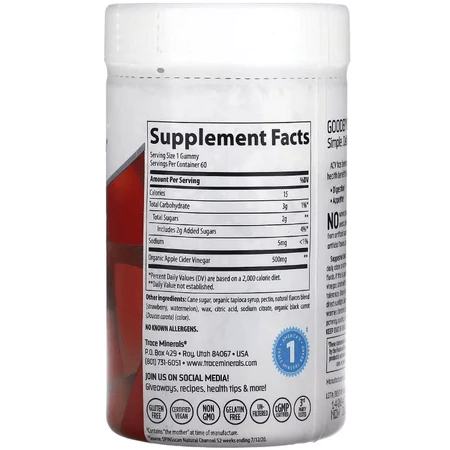 Яблочный уксус, 500 мг, вкус клубники и дыни, Apple Cider Vinegar Gummies, Trace Minerals, 60 жевательных конфет: цены и характеристики