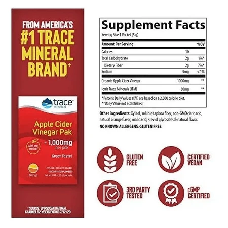 Яблучний оцет, 1000 мг, апельсиновий смак, Apple Cider Vinegar Paks, Trace Minerals, 30 пакетиків: ціни та характеристики