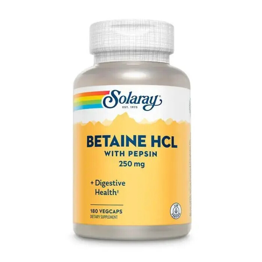 Бетаїн HCl + пепсин, HCL with Pepsin, Solaray, 250 мг, 180 капсул: ціни та характеристики