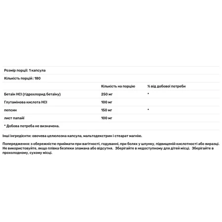 Бетаїн HCl + пепсин, HCL with Pepsin, Solaray, 250 мг, 180 капсул: ціни та характеристики