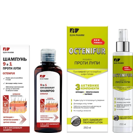 Комплекс Elfa Pharm Octenifur проти помірної лупи: шампунь 9 в 1 проти лупи 200 мл + лосьйон проти лупи 250 мл: ціни та характеристики