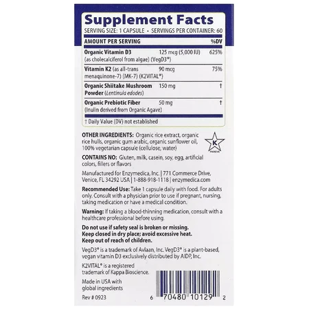 Витамин D3+ Витамин K2, Vitamin D3+ Vitamin K2, Enzymedica, 60 капсул: цены и характеристики