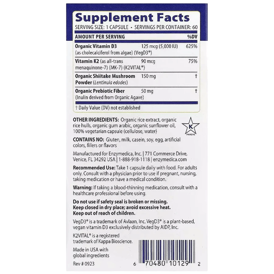 Витамин D3+ Витамин K2, Vitamin D3+ Vitamin K2, Enzymedica, 60 капсул: цены и характеристики
