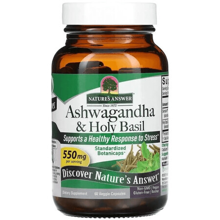 Ашваганда и базилик священный, 550 мг, Ashwagandha & Holy Basil, Nature's Answer, 60 вегетарианских капсул