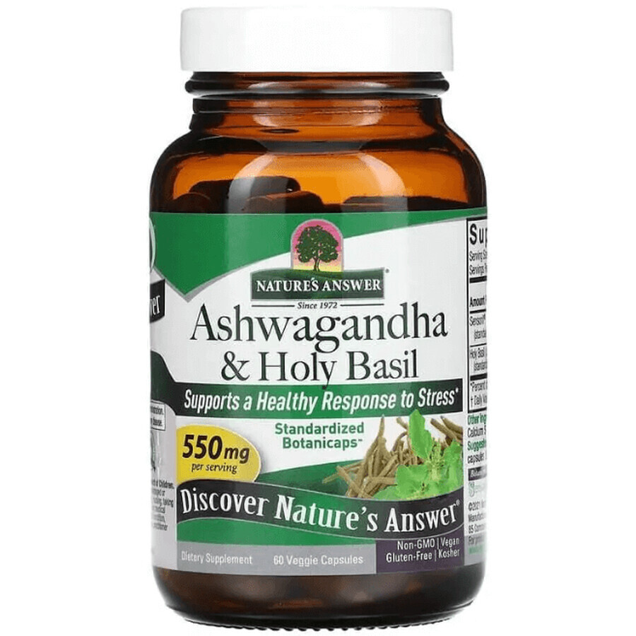 Ашваганда и базилик священный, 550 мг, Ashwagandha & Holy Basil, Nature's Answer, 60 вегетарианских капсул: цены и характеристики