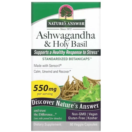 Ашваганда и базилик священный, 550 мг, Ashwagandha & Holy Basil, Nature's Answer, 60 вегетарианских капсул: цены и характеристики