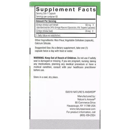 Гінкго Білоба, 80 мг, Standardized Ginkgo, Nature's Answer, 60 вегетаріанських капсул: ціни та характеристики