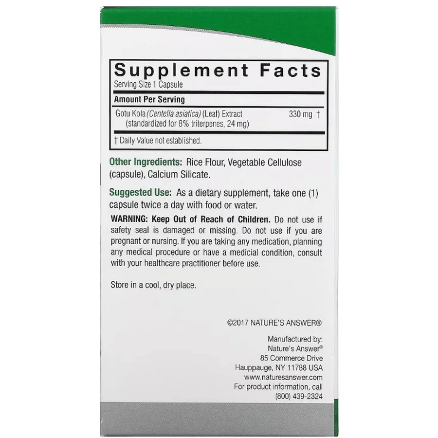 Готу колу, 330 мг, Gotu Kola, Healthy Immune Support, Nature's Answer, 60 вегетаріанських капсул: ціни та характеристики
