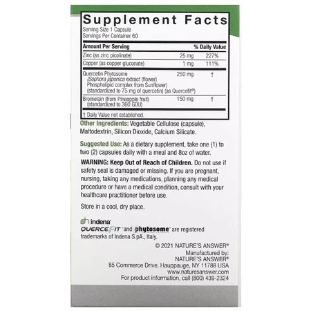 Кверцетин, 250 мг, Quercetin Blend, Nature's Answer, 60 вегетарианских капсул: цены и характеристики