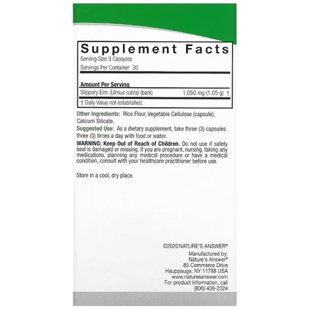 Скользкий Вяз, 1050 мг, Slippery Elm, Nature's Answer, 90 вегетарианских капсул: цены и характеристики