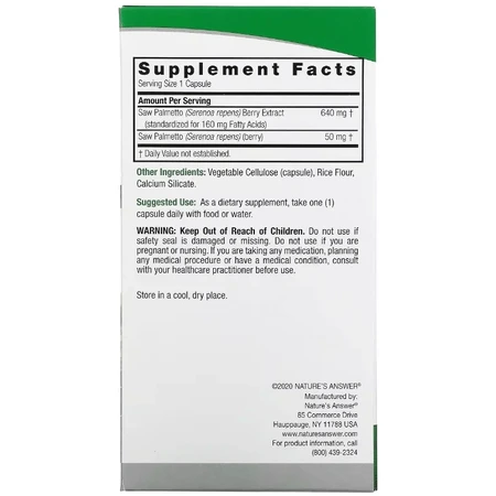 Со Пальметто, 690 мг, Saw Palmetto, Standardized, Nature's Answer, 120 вегетарианских капсул: цены и характеристики