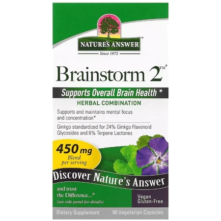 Травы для активности мозга, 450 мг, Brainstorm 2, Nature's Answer, 90 вегетарианских капсул: цены и характеристики