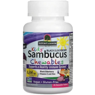 Черная бузина для детей с витамином С и цинком, Kid's Sambucus Chewables, Black Elderberry Vitamin C and Zinc, Nature's Answer, 45 жевательных таблеток