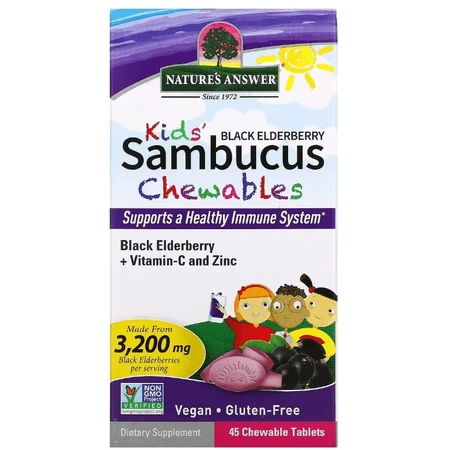 Черная бузина для детей с витамином С и цинком, Kid's Sambucus Chewables, Black Elderberry Vitamin C and Zinc, Nature's Answer, 45 жевательных таблеток: цены и характеристики