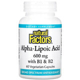 Альфа-ліпоєва кислота з вітамінами B1 та B2, 600 мг, Alpha-Lipoic Acid with B1 & B2, Natural Factors, 60 вегетаріанських капсул