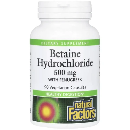 Бетаїн гідрохлорид та пажитник, 500 мг, Betaine Hydrochloride with Fenugreek, Natural Factors, 90 вегетаріанських капсул: ціни та характеристики