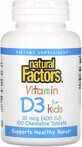 Витамин D3 для детей, 400 МЕ, вкус клубники, Vitamin D3 for Kids, Natural Factors, 100 жевательных таблеток