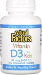 Вітамін D3 для дітей, 400 МО, смак полуниці, Vitamin D3 for Kids, Natural Factors, 100 жувальних таблеток