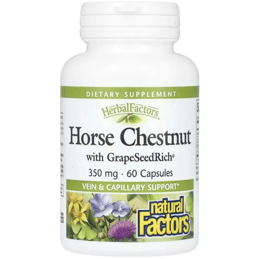 Конский каштан с виноградными косточками, 350 мг, HerbalFactors, Horse Chestnut with GrapeSeedRich, Natural Factors, 60 капсул: цены и характеристики