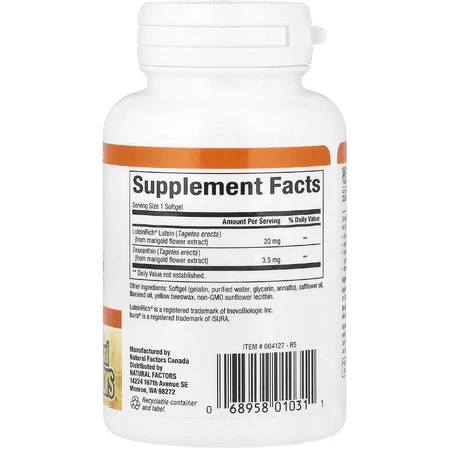 Лютеїн 20 мг, Lutein, Natural Factors, 30 желатинових капсул: ціни та характеристики
