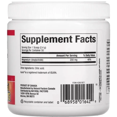 Магний Бисглицинат в порошке, 200 мг, Magnesium Bisglycinate, Pure, Natural Factors, 120 г: цены и характеристики