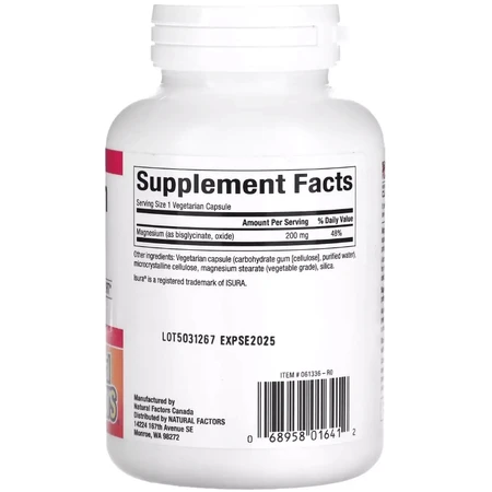 Магний Бисглицинат, 200 мг, Magnesium Bisglycinate, Natural Factors, 120 вегетарианских капсул: цены и характеристики