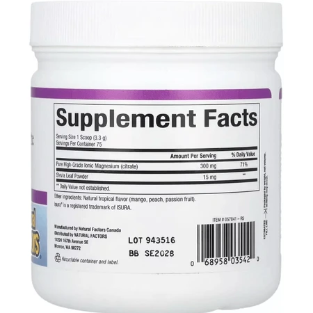 Магній цитрат у порошку, смак тропічних фруктів, Stress-Relax, Magnesium Citrate, Natural Factors, 250 г: ціни та характеристики