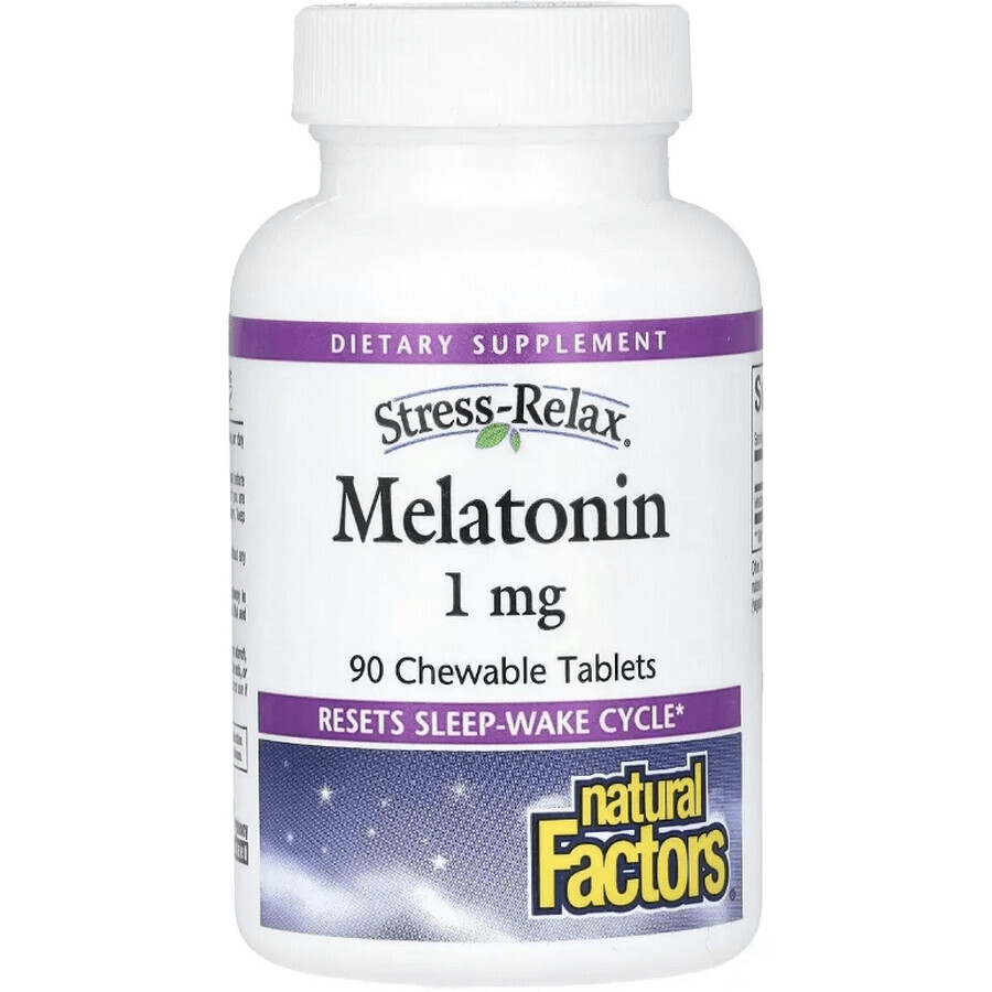 Мелатонін, 1 мг, Stress Relax, Melatonin, Natural Factors, 90 жувальних таблеток: ціни та характеристики