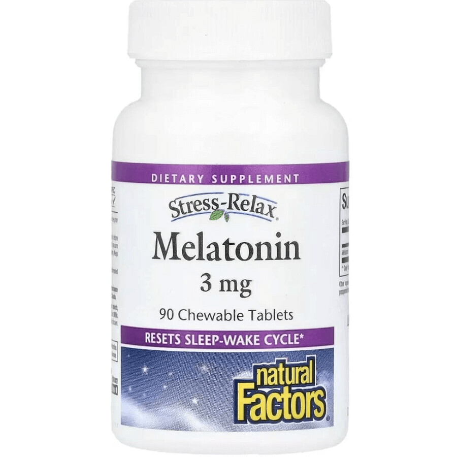 Мелатонін, 3 мг, Stress Relax, Melatonin, Natural Factors, 90 жувальних таблеток: ціни та характеристики