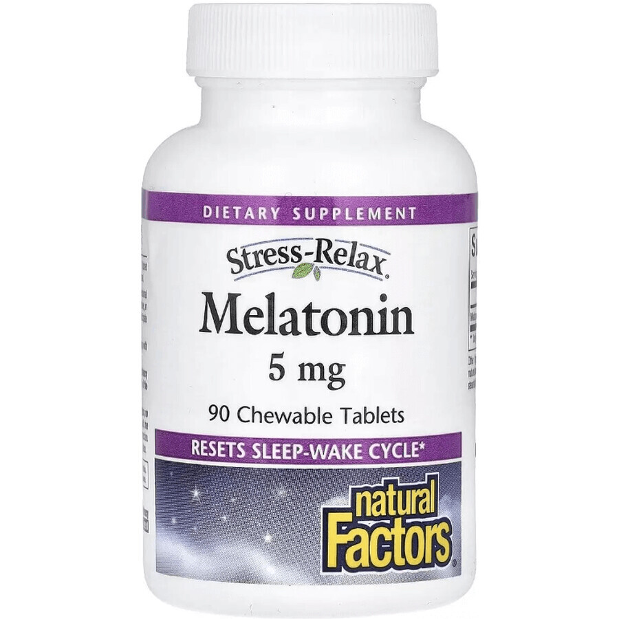 Мелатонін, 5 мг, Stress Relax, Melatonin, Natural Factors, 90 жувальних таблеток: ціни та характеристики